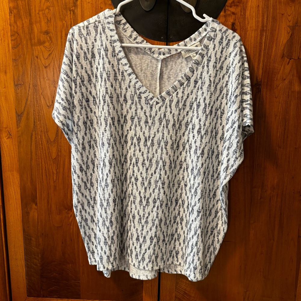 V Neck light Tee shirt -Bobeau blue and white Size XL